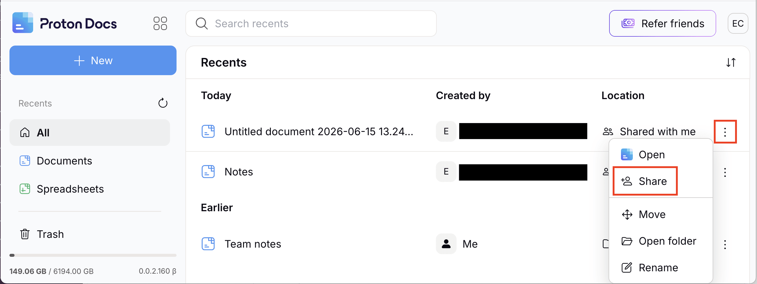 Proton Drive web app shows how to share a Proton Doc