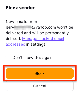 Block sender confirmation button the Proton Mail web app