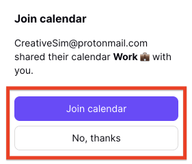 Calendar invitation reply buttons: Join calendar or No, thanks