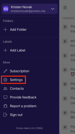 Settings menu item in the Proton Mail app for iOS