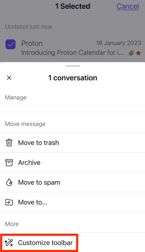 Option to customize your toolbox in the Proton Mail app for iOS