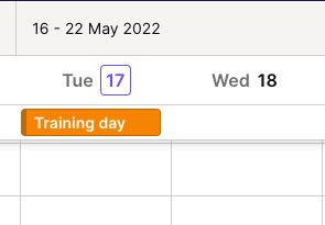 Calendar entry showing customized orange color of the Sports training calendar