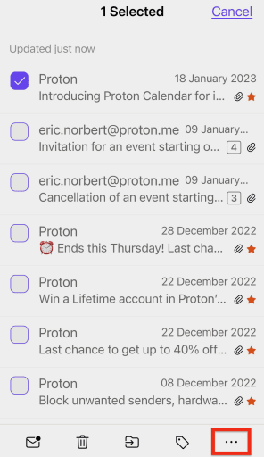 The More icon in your inbox in the Proton Mail app for iOS