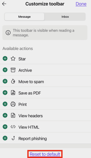 Option to reset your toolbar to the default settings in the Proton Mail app for iOS