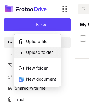 Screenshot of how to add a new file to Proton Drive