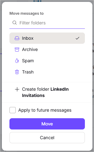 The Proton Mail Newsletters view shows options when moving emails