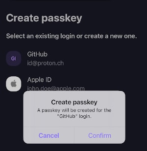 Confirming passkey creation in Proton Pass for iOS