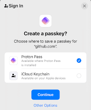 Proton Pass creating a passkey in iOS