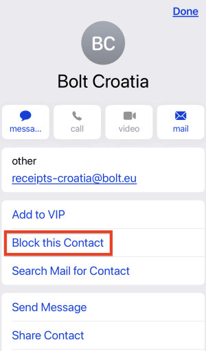 Block this Contact option on Apple Mail for iPhone or iPad