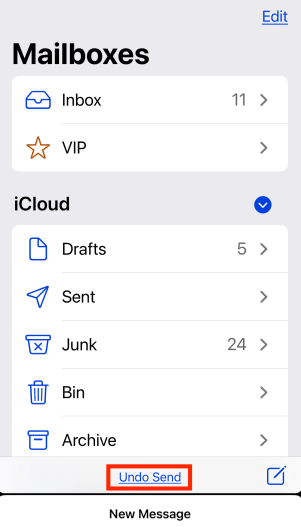 Undo Send option to unsend an email on Apple Mail for iPhone or iPad