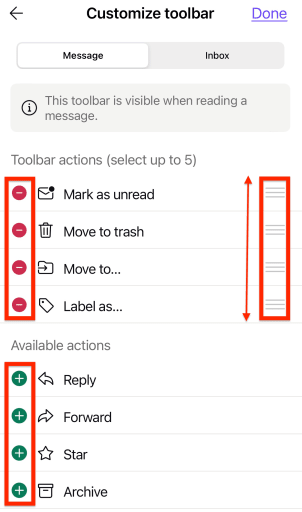 Options to add or remove toolbar actions and rearrange them in the Proton Mail app for iOS