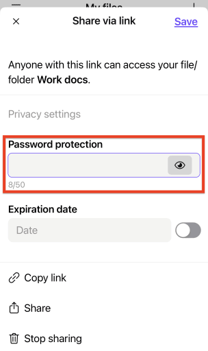 Field to enter a password to protect a file-sharing link in the Proton Drive app for iPhone/iPad