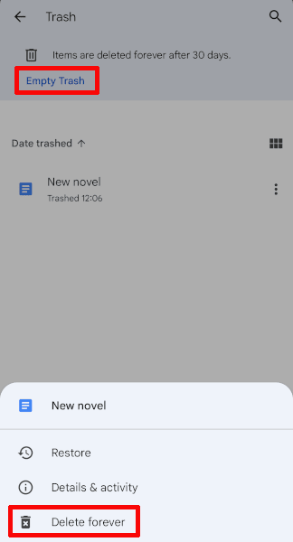 Permanently delete files Google Drive Android