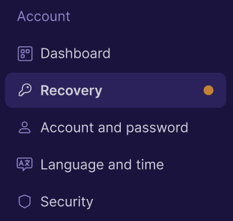 Screenshot of the modal showing the Recovery tab in Proton Account settings