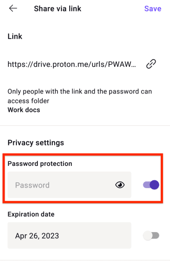 Field to enter a password to protect a file-sharing link in the Proton Drive app for Android