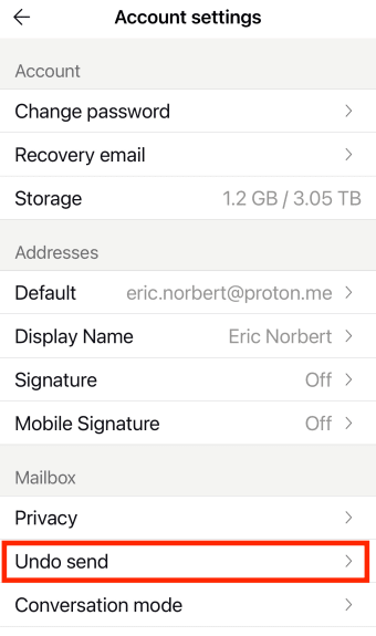 Undo send settings option in the Proton Mail apps for iPhone or iPad