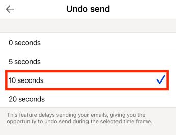 Opzioni di tempo Annulla invio sulle app Proton Mail per iPhone o iPad