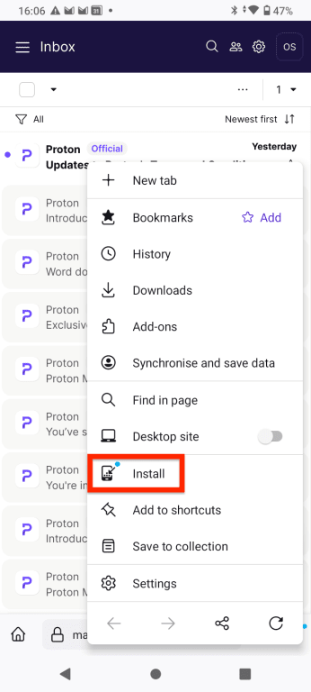 Install option in the Firefox vertical three dots menu to add Proton Mail to your home screen