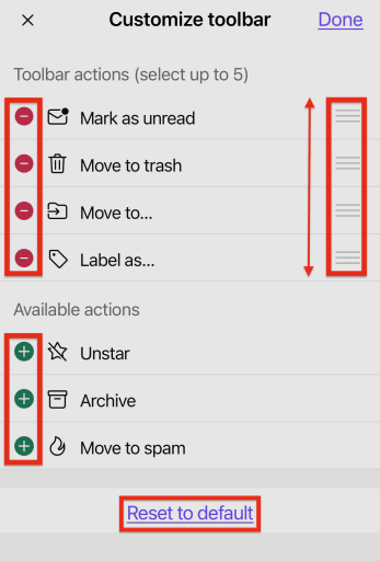 Options to add or remove toolbar actions and rearrange them in the Proton Mail app for iOS