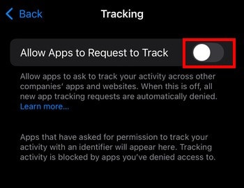 An iPhone that highlights the "Allow apps to request to track" setting