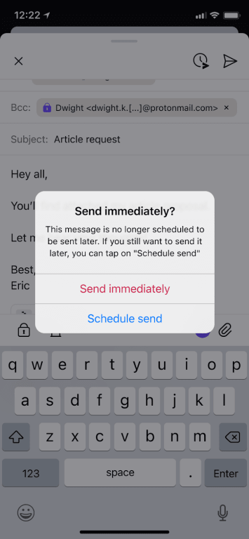 Popup warning asking if you want to send the message immediately or schedule sending for later