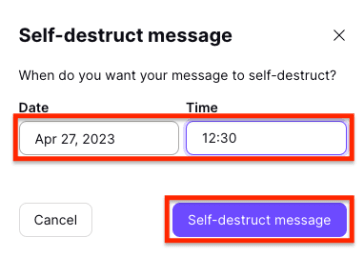 Boxes to enter the date and time you want the message to self-destruct