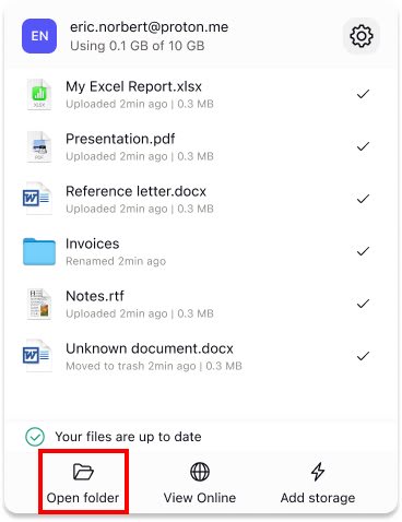 The Proton Drive menu on macOS, highlighting the "Open folder" option