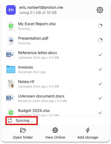 Proton Drive for macOS shows the "Syncing" status