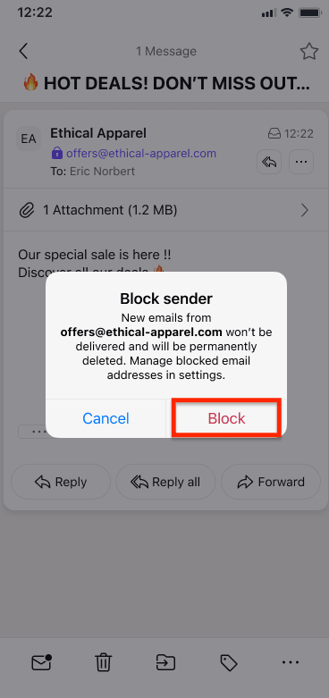 Block button to confirm blocking sender