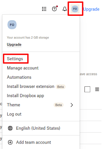 Dropbox's settings menu