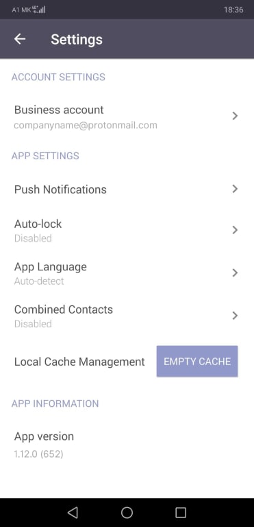 Screenshot of app settings menu in Proton Mail for Android.