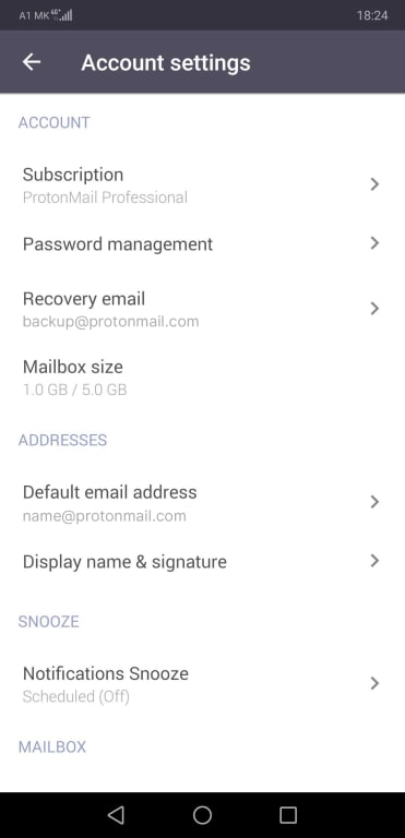 Screenshot of Account settings menu in Proton Mail for Android.