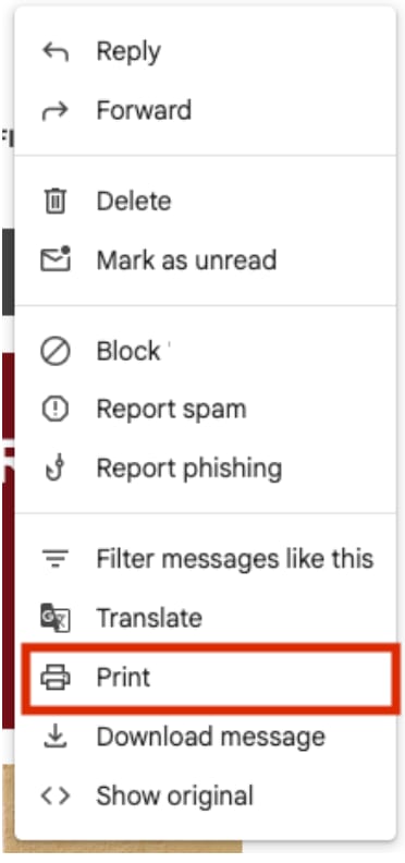 Screenshot of a Gmail message options menu with the same items as above, but with "Print" highlighted in a red box instead.