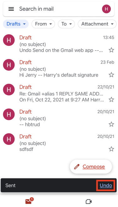 Gmail-Rückgängig-Option, um eine E-Mail in mobilen Apps zurückzuziehen