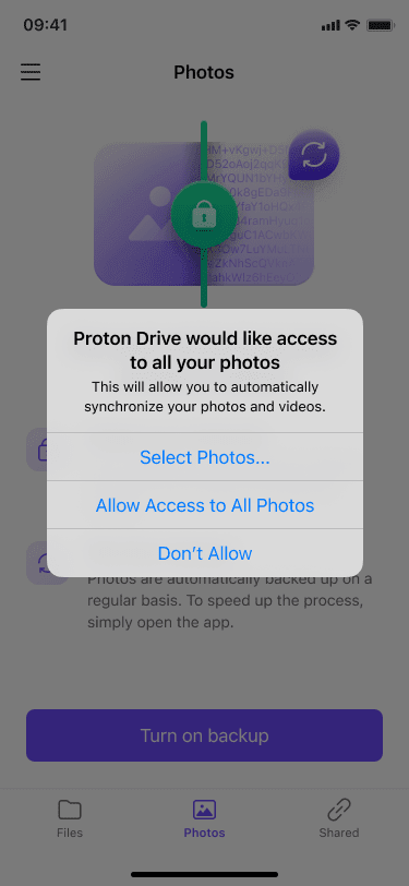 Screenshot of the prompt to give Proton Drive permission to access photos via the iOS App