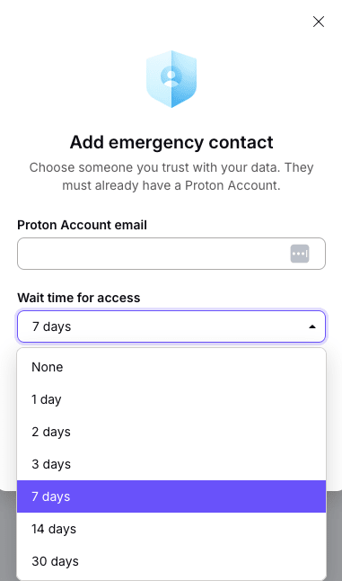 Screenshot of the modal showing the wait time for access selector