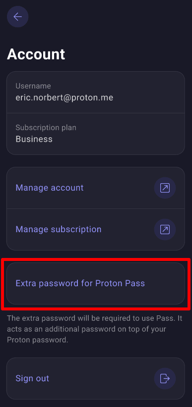 Go to Extra password for Proton Pass