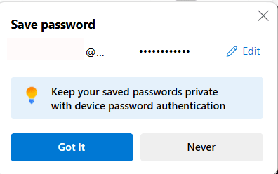 Prompt di salvataggio della password del gestore di Microsoft Edge