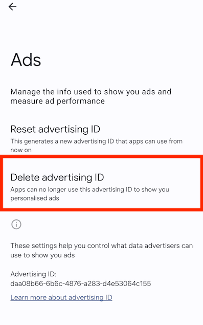 Screenshot showing how to delete your advertising ID on Android