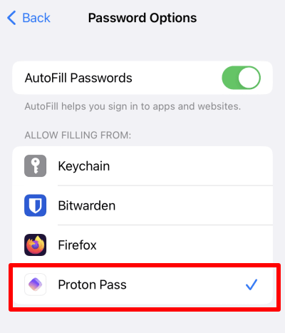 Select Proton Pass as your default autofill service