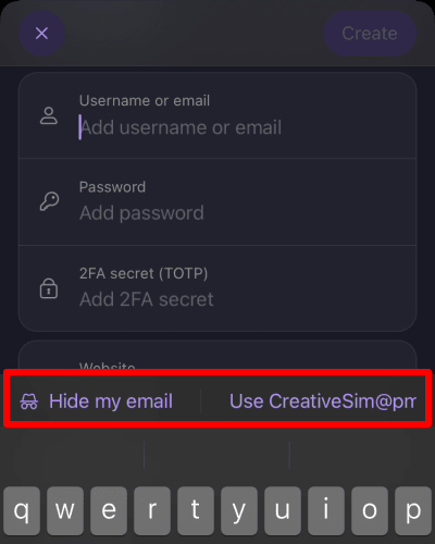 Proton Pass will offer to autofill the field using your default Proton Mail email address or generate a Hide my email alias