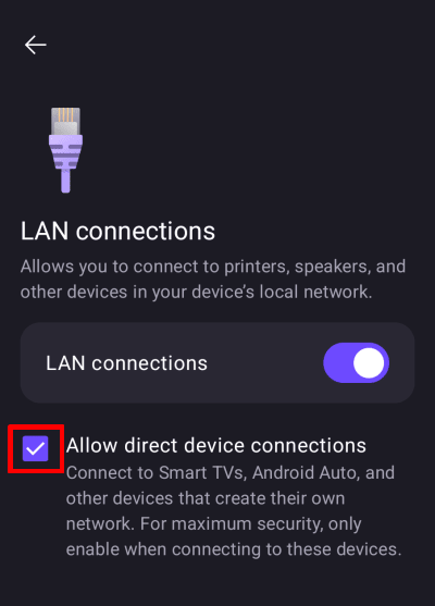 Select the Allow direct device connections checkbox if you wish