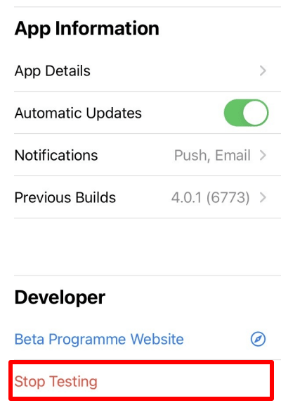 Shows button to stop using TestFlight to beta test Proton Mail.