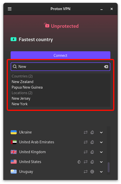 Search for any country, city, or server