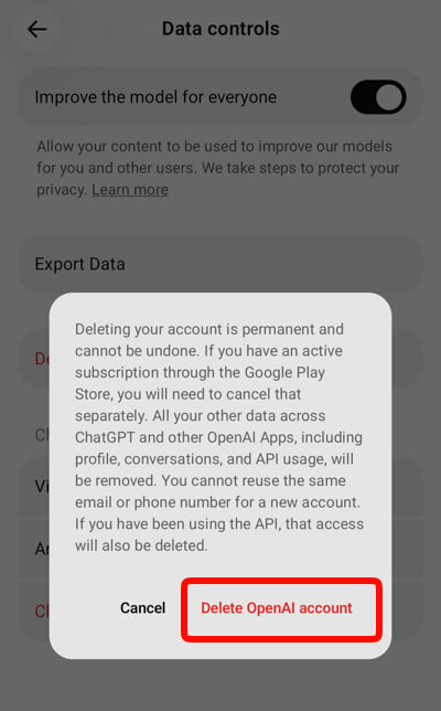 How to delete ChatGPT account on Android confirmation