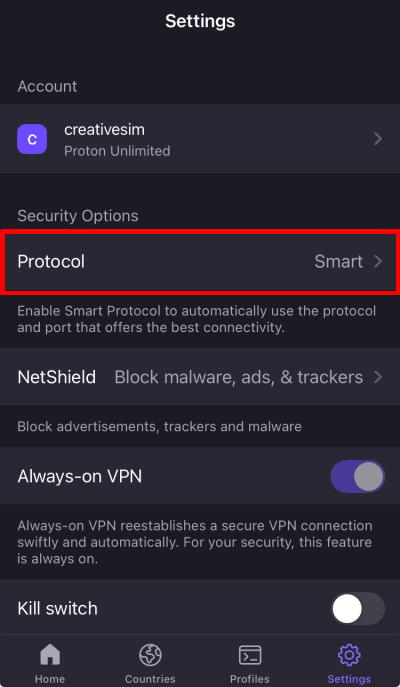 Tap Protocol in Settings