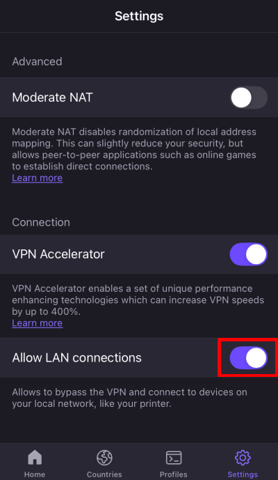 Allow LAN connections on iPhone and iPad