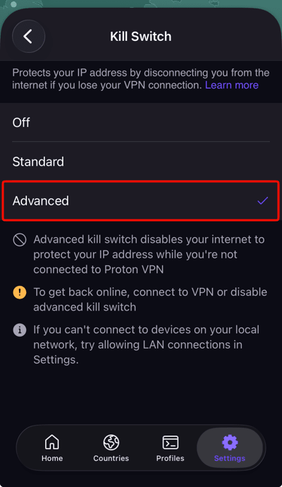 Advanced kill switch on iOS