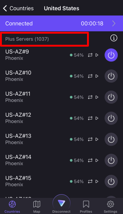 Plus servers in. the United States on iOS
