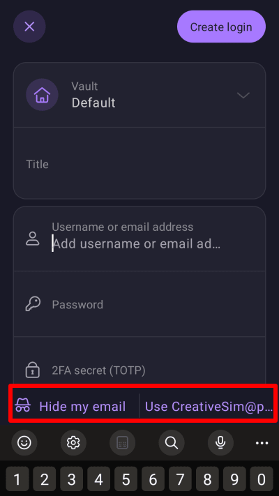 Proton Pass will offer to autofill the field using your default Proton Mail email address or generate a Hide my email alias